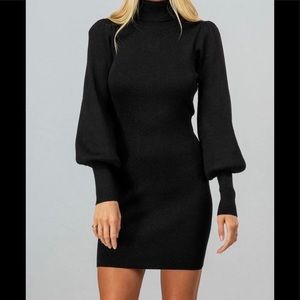 Metallic thread rib knit turtle puff sleeve dress